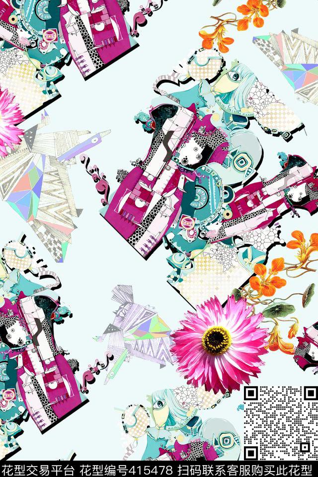 时尚卡通花朵数码印花华亿平台下载（图片编号: 415478） - 瓦栏（Walan）