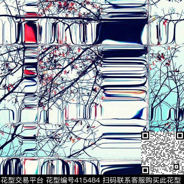 树叶树枝条纹数码印花华亿平台下载（图片编号: 415484） - 瓦栏（Walan）