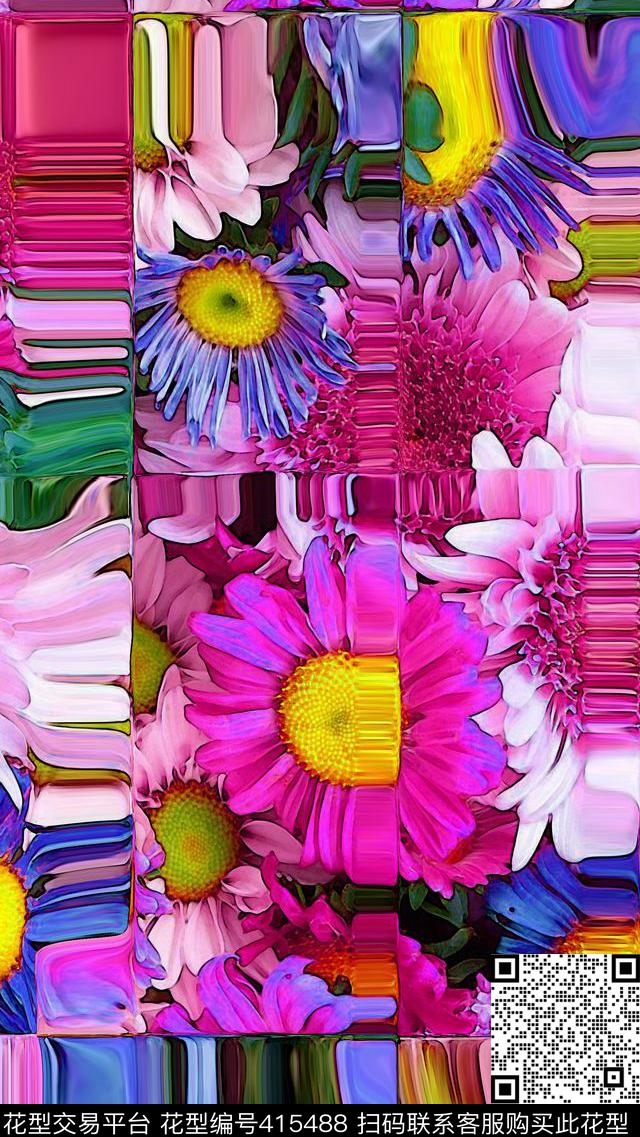 太阳花雏菊拼接数码印花华亿平台下载（图片编号: 415488） - 瓦栏（Walan）
