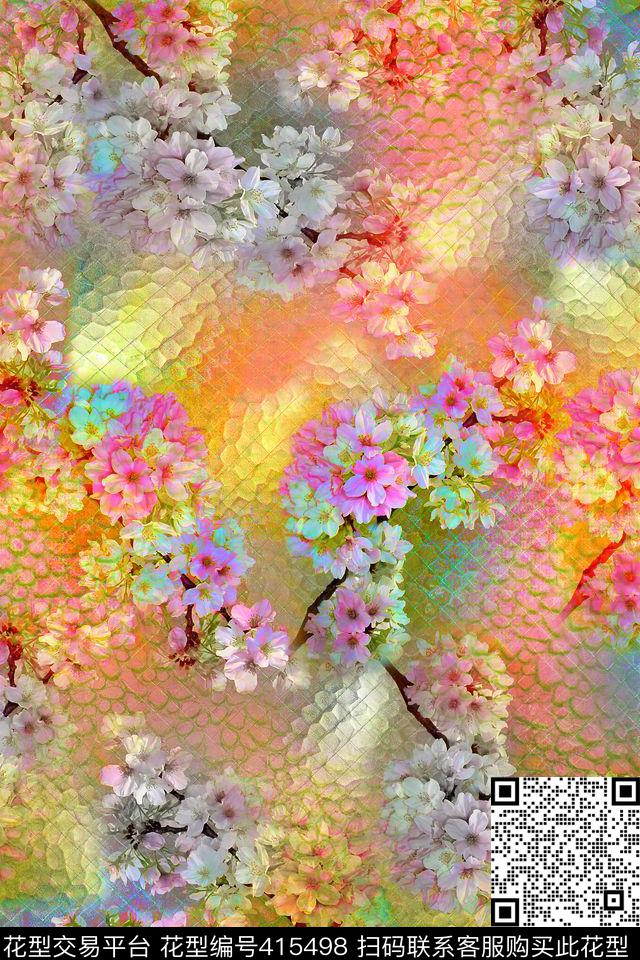 花卉桃花渐变数码印花华亿平台下载（图片编号: 415498） - 瓦栏（Walan）