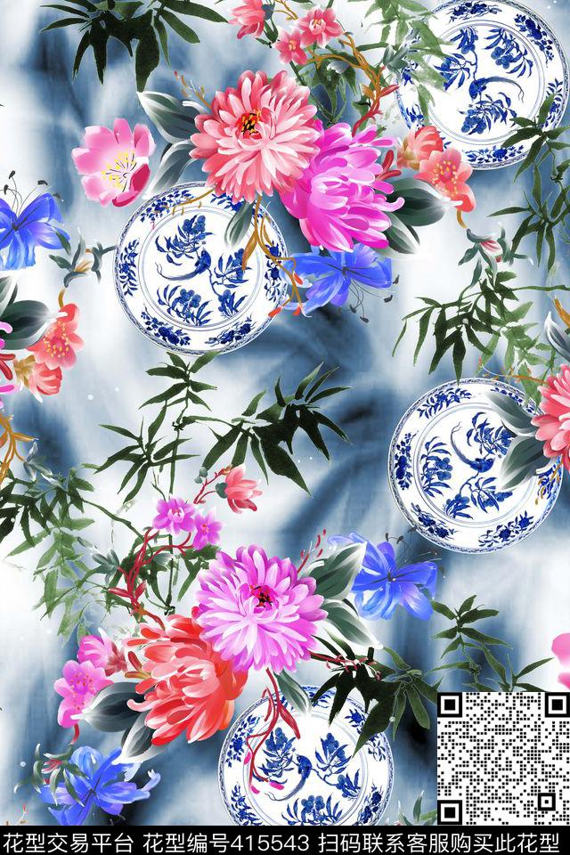 花卉叶子中国风数码印花华亿平台下载（图片编号: 415543） - 瓦栏（Walan）