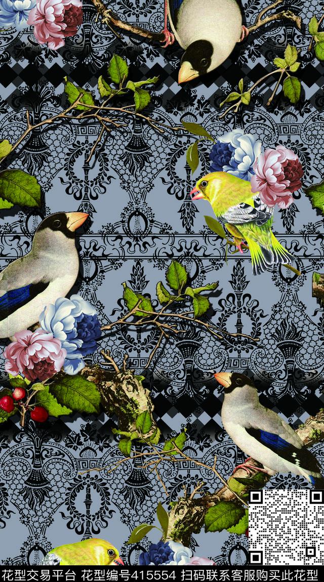 中国风复古工笔花鸟数码印花华亿平台下载（图片编号: 415554） - 瓦栏（Walan）