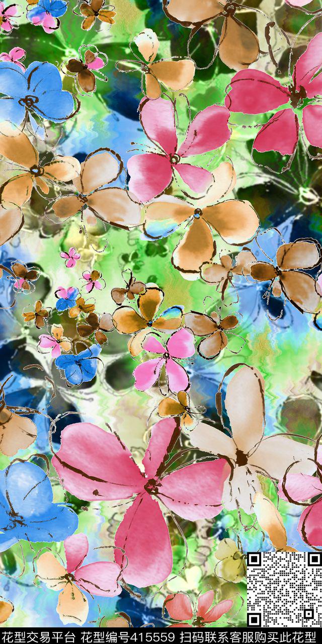抽象花卉数码印花华亿平台下载（图片编号: 415559） - 瓦栏（Walan）