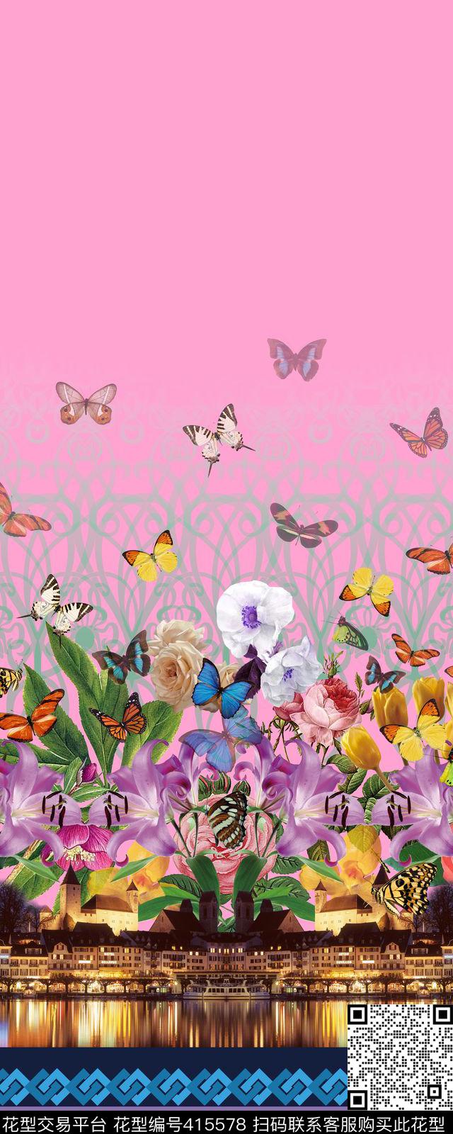 定位二房连续风景花卉组合数码数码印花华亿平台下载（图片编号: 415578） - 瓦栏（Walan）