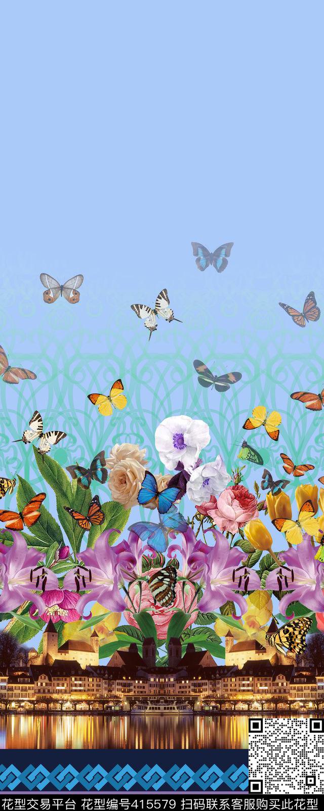 定位二房连续风景花卉组合数码数码印花华亿平台下载（图片编号: 415579） - 瓦栏（Walan）
