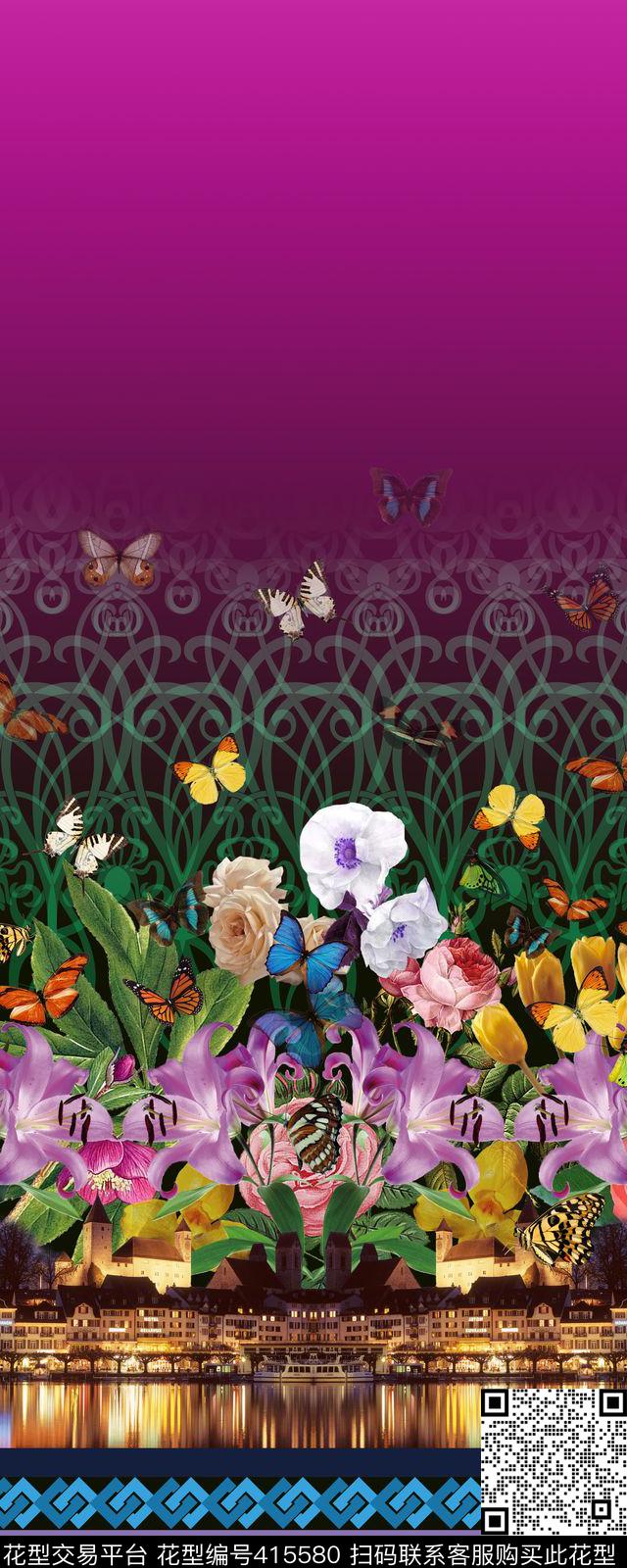 定位二房连续风景花卉组合数码数码印花华亿平台下载（图片编号: 415580） - 瓦栏（Walan）