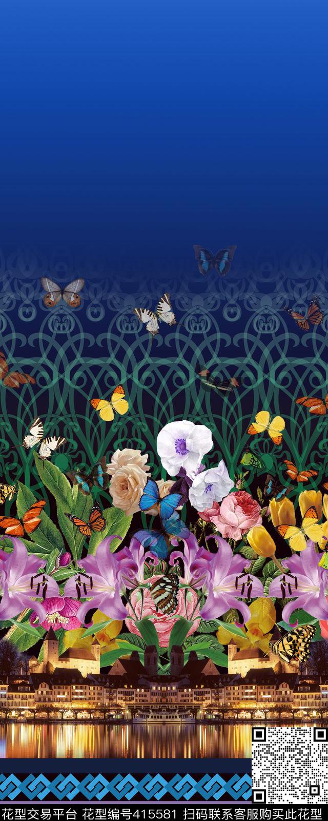 定位二房连续风景花卉组合数码数码印花华亿平台下载（图片编号: 415581） - 瓦栏（Walan）