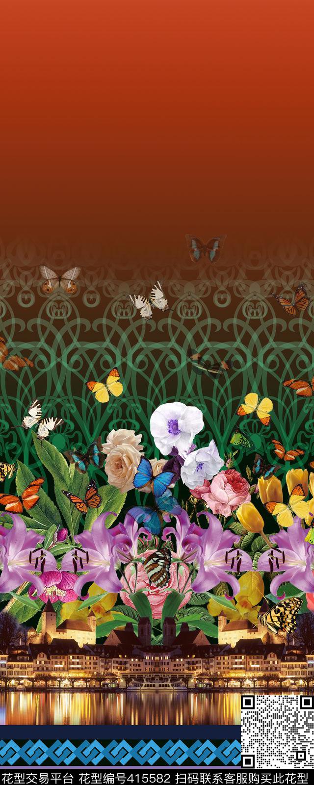 定位二房连续风景花卉组合数码数码印花华亿平台下载（图片编号: 415582） - 瓦栏（Walan）