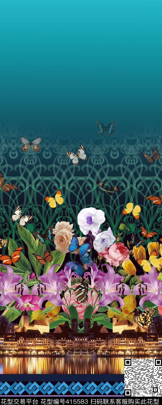 定位二房连续风景花卉组合数码数码印花华亿平台下载（图片编号: 415583） - 瓦栏（Walan）