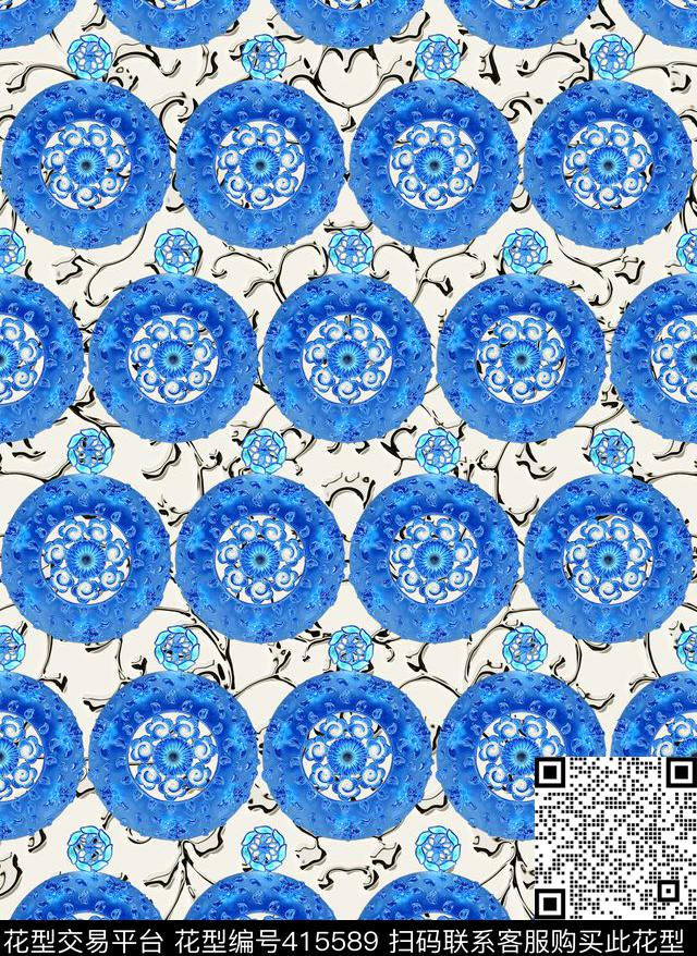 靛蓝青花图案数码印花华亿平台下载（图片编号: 415589） - 瓦栏（Walan）