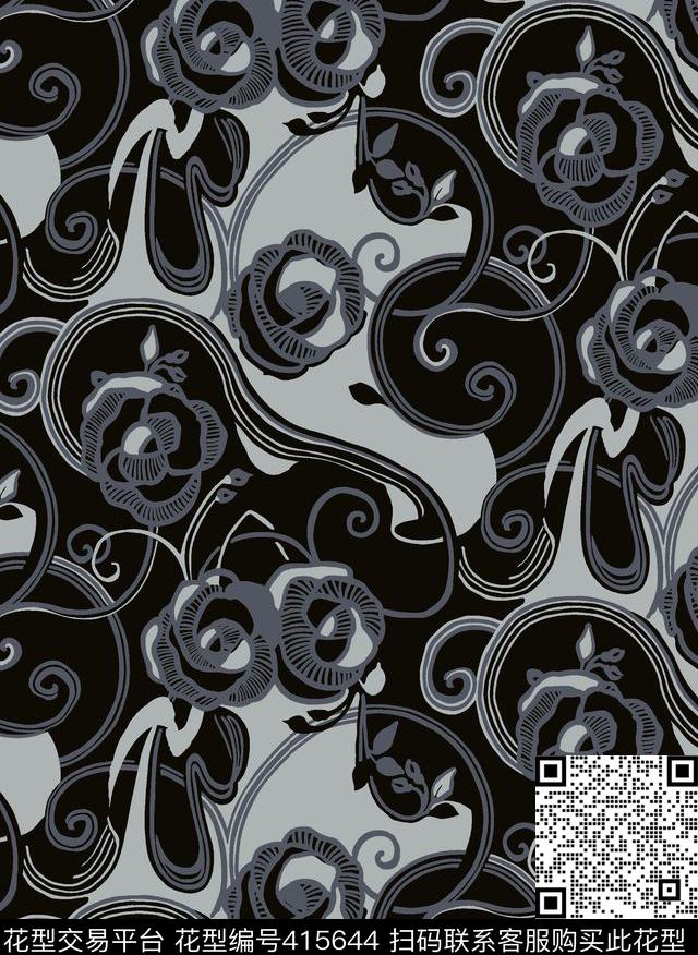 黑白调简笔花经典黑白传统印花华亿平台下载（图片编号: 415644） - 瓦栏（Walan）