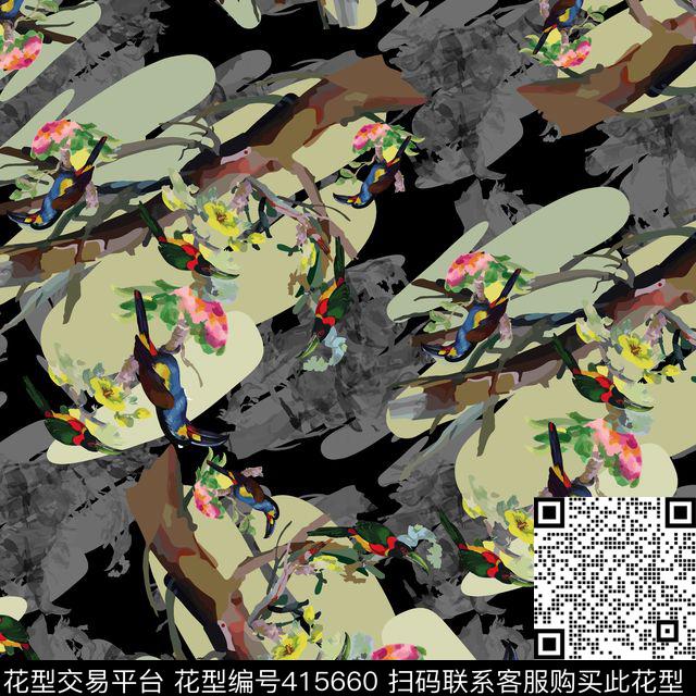 抽象几何花鸟数码印花华亿平台下载（图片编号: 415660） - 瓦栏（Walan）