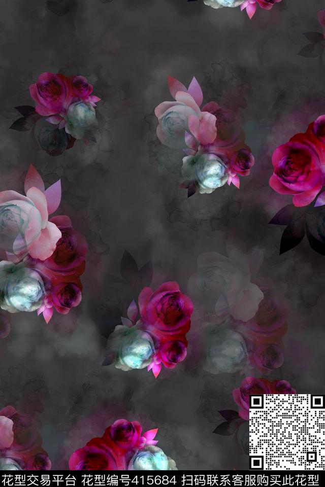 男装花卉手绘花卉数码印花华亿平台下载（图片编号: 415684） - 瓦栏（Walan）