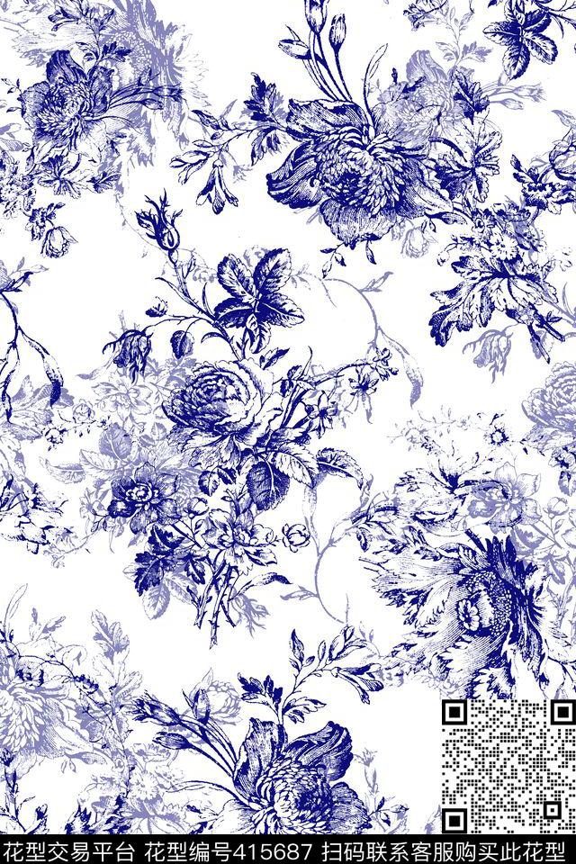 传统华亿平台单色花卉青花瓷花传统印花华亿平台下载（图片编号: 415687） - 瓦栏（Walan）