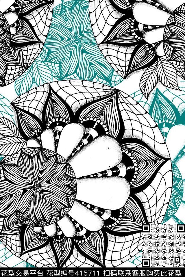 创意线描手绘数码印花华亿平台下载（图片编号: 415711） - 瓦栏（Walan）