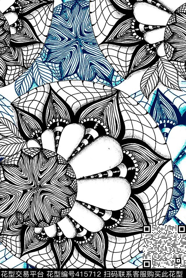 创意线描手绘数码印花华亿平台下载（图片编号: 415712） - 瓦栏（Walan）