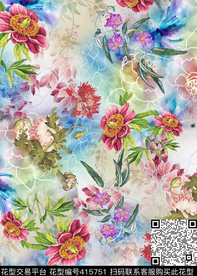 花卉朦胧花叶数码印花华亿平台下载（图片编号: 415751） - 瓦栏（Walan）