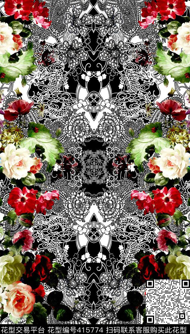 时尚蕾丝油画花卉数码印花华亿平台下载（图片编号: 415774） - 瓦栏（Walan）
