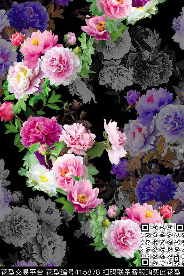 花卉抽象拼接数码印花华亿平台下载（图片编号: 415878） - 瓦栏（Walan）