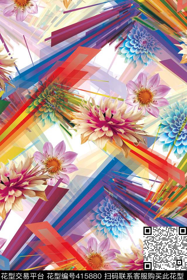 花卉几何抽象数码印花华亿平台下载（图片编号: 415880） - 瓦栏（Walan）