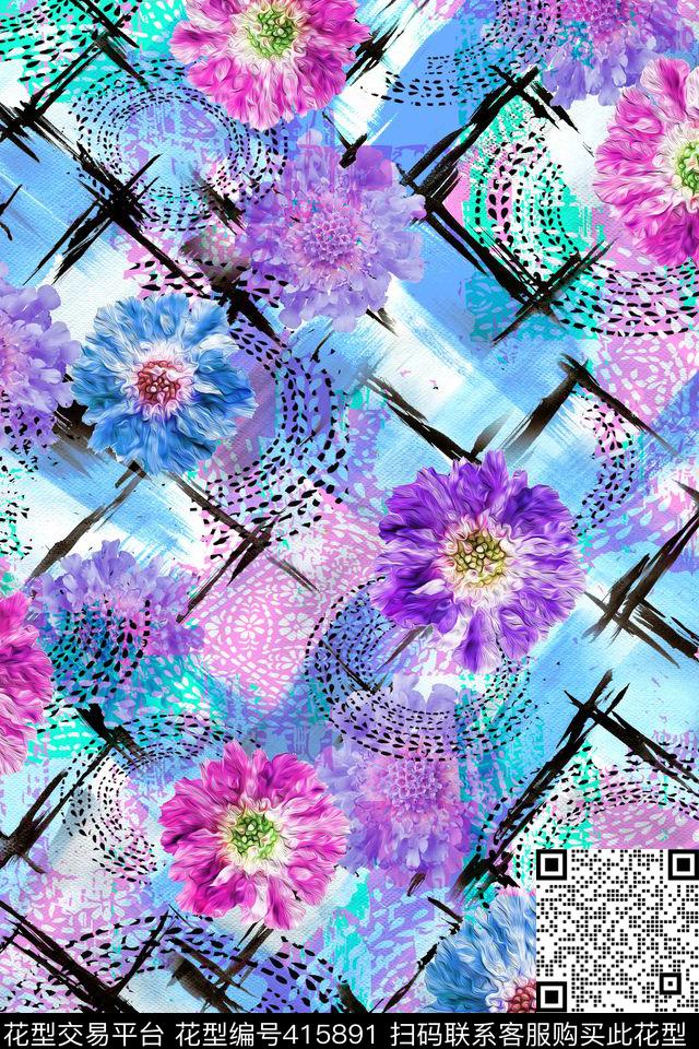 花卉抽象几何数码印花华亿平台下载（图片编号: 415891） - 瓦栏（Walan）