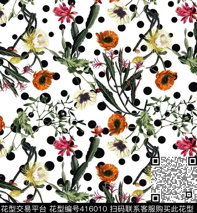 优雅清新花卉波点热带花卉植物数码印花华亿平台下载（图片编号: 416010） - 瓦栏（Walan）
