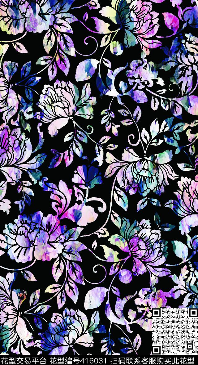 花朵彩色花卉印花数码印花华亿平台下载（图片编号: 416031） - 瓦栏（Walan）