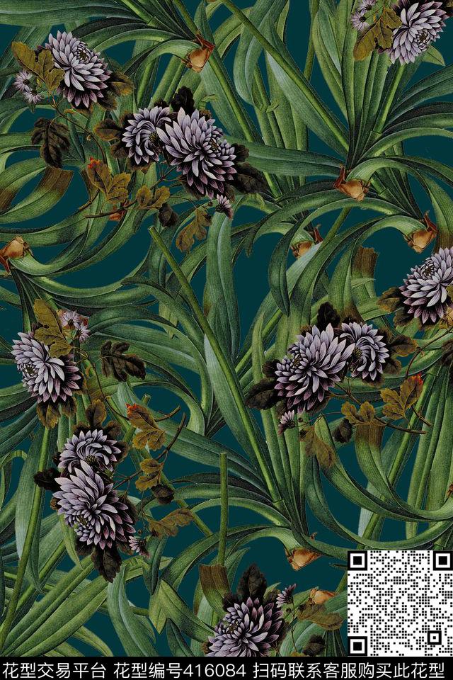 花卉枝叶紫罗兰数码印花华亿平台下载（图片编号: 416084） - 瓦栏（Walan）