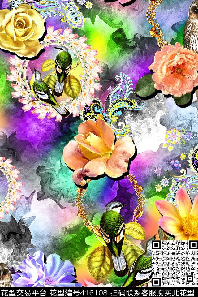 抽象花卉猫头鹰数码印花华亿平台下载（图片编号: 416108） - 瓦栏（Walan）
