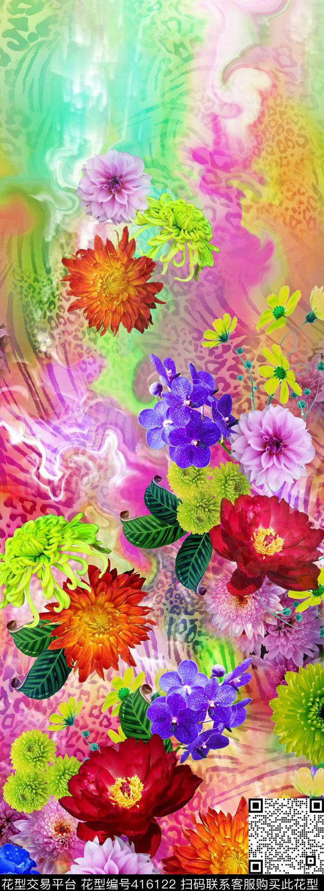 豹纹定位花卉数码印花华亿平台下载（图片编号: 416122） - 瓦栏（Walan）