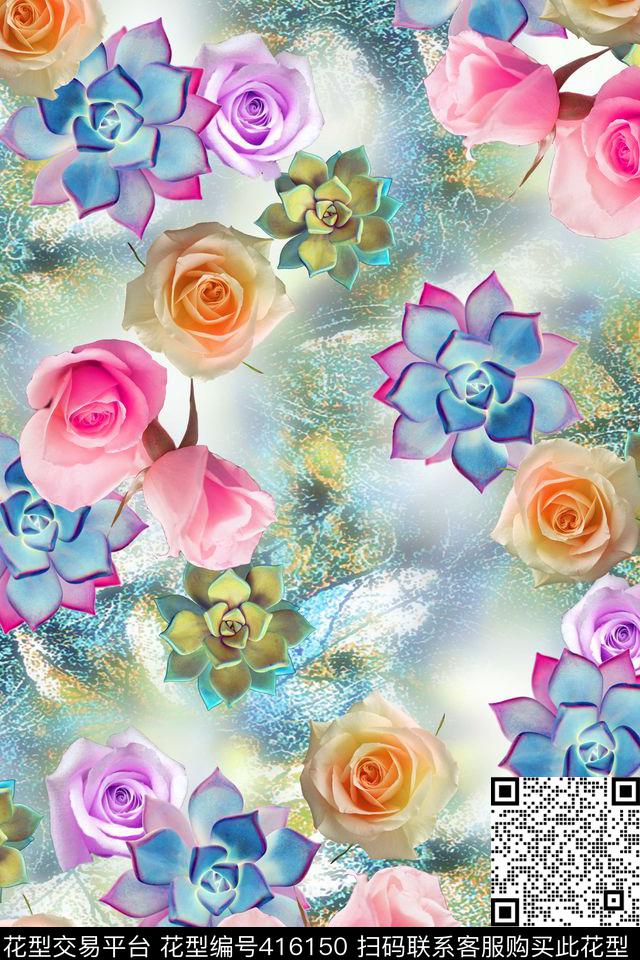花卉拼接抽象数码印花华亿平台下载（图片编号: 416150） - 瓦栏（Walan）