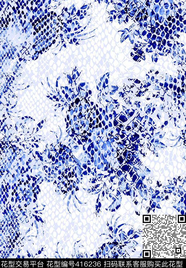中国风青花瓷动物纹数码印花华亿平台下载（图片编号: 416236） - 瓦栏（Walan）