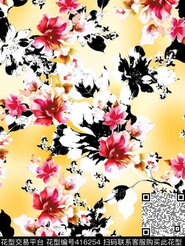 抽象质感艺术水彩花自然过度数码印花华亿平台下载（图片编号: 416254） - 瓦栏（Walan）