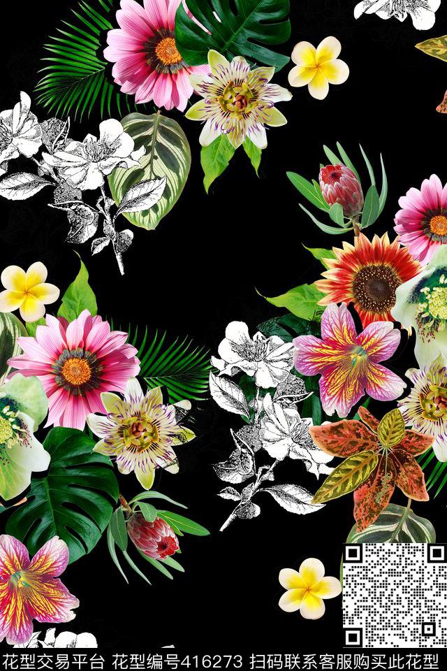 春夏款写实大花组合黑色底数码印花华亿平台下载（图片编号: 416273） - 瓦栏（Walan）