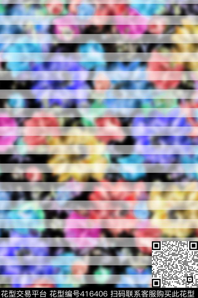 模糊条纹花卉条纹花卉数码印花华亿平台下载（图片编号: 416406） - 瓦栏（Walan）