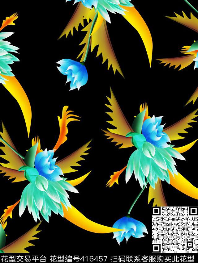 花植物抽象数码印花华亿平台下载（图片编号: 416457） - 瓦栏（Walan）