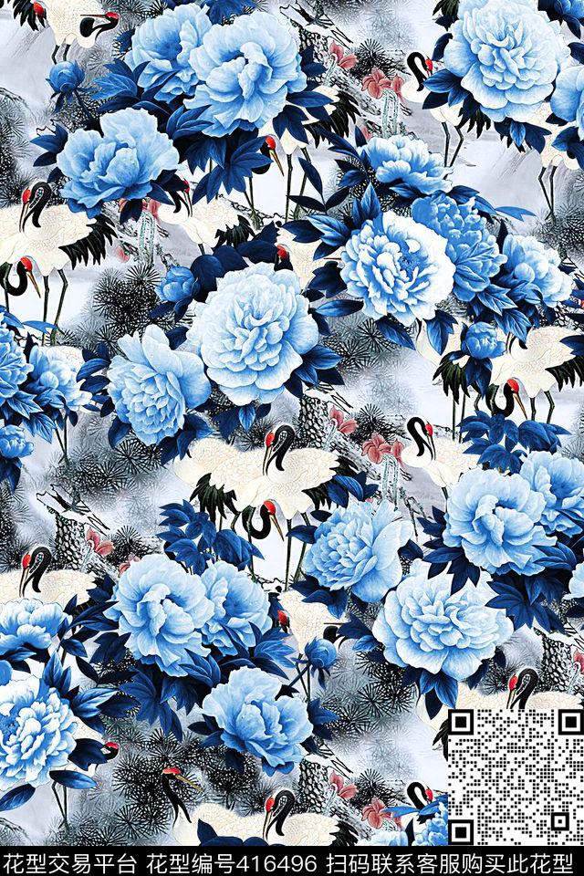 仙鹤松柏花朵数码印花华亿平台下载（图片编号: 416496） - 瓦栏（Walan）