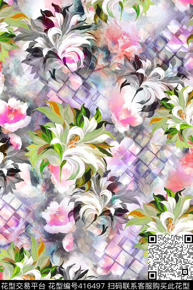 花瓣几何拼接数码印花华亿平台下载（图片编号: 416497） - 瓦栏（Walan）