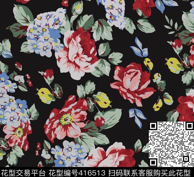 复古花卉花卉玫瑰花传统印花华亿平台下载（图片编号: 416513） - 瓦栏（Walan）