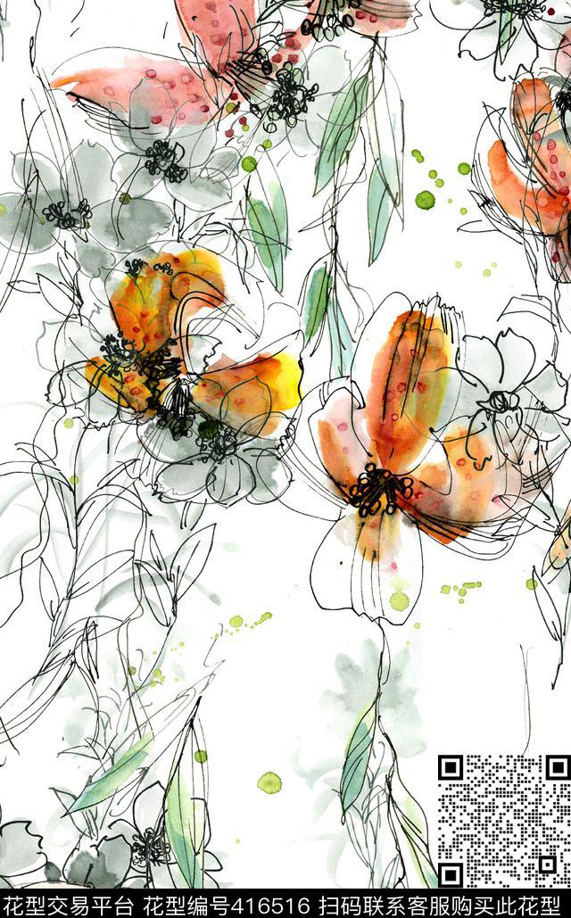 个性手绘花卉流行时尚数码印花华亿平台下载（图片编号: 416516） - 瓦栏（Walan）