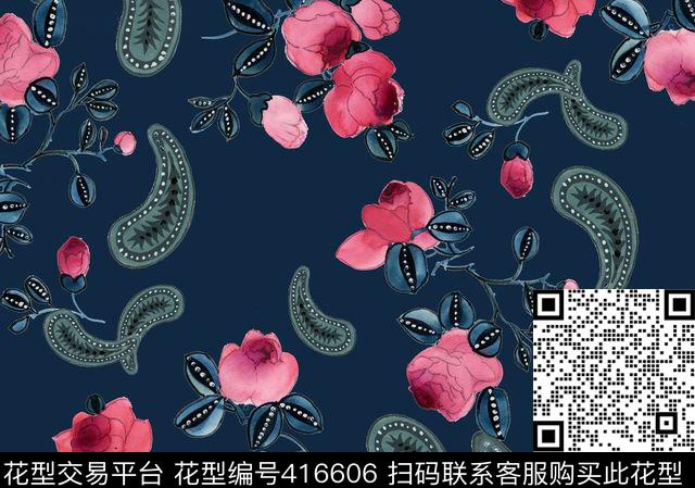 浪漫风情玫瑰腰果花数码印花华亿平台下载（图片编号: 416606） - 瓦栏（Walan）