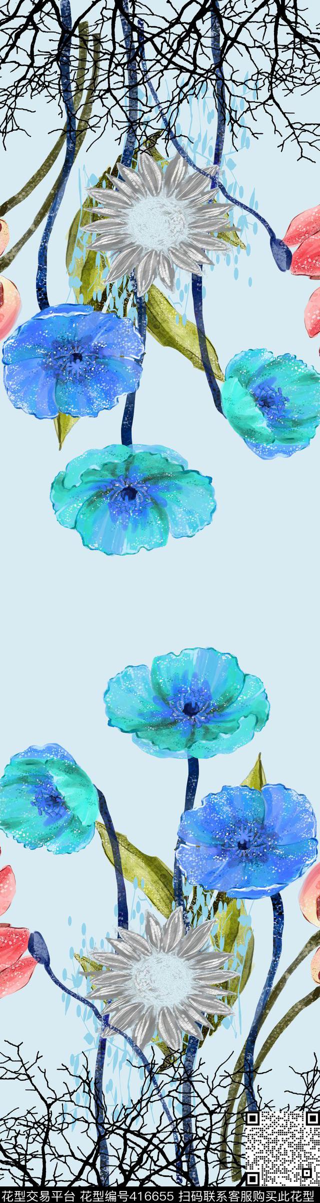 蓝底手绘花卉时尚定位华亿平台数码印花华亿平台下载（图片编号: 416655） - 瓦栏（Walan）