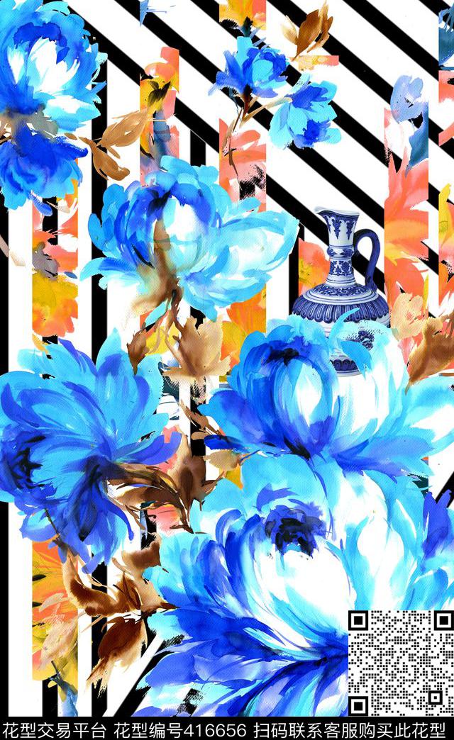 定位印花手绘大花条纹错乱数码印花华亿平台下载（图片编号: 416656） - 瓦栏（Walan）