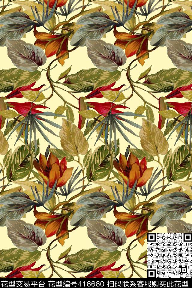 数码热带植物花卉数码印花华亿平台下载（图片编号: 416660） - 瓦栏（Walan）