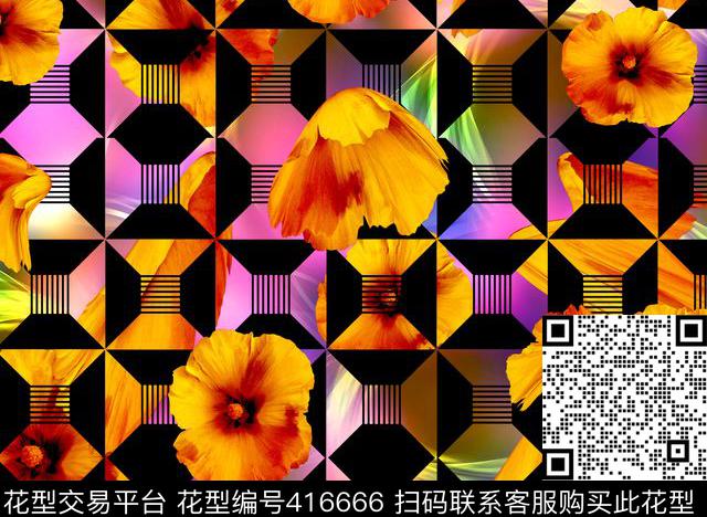 流行时尚几何花卉数码印花华亿平台下载（图片编号: 416666） - 瓦栏（Walan）