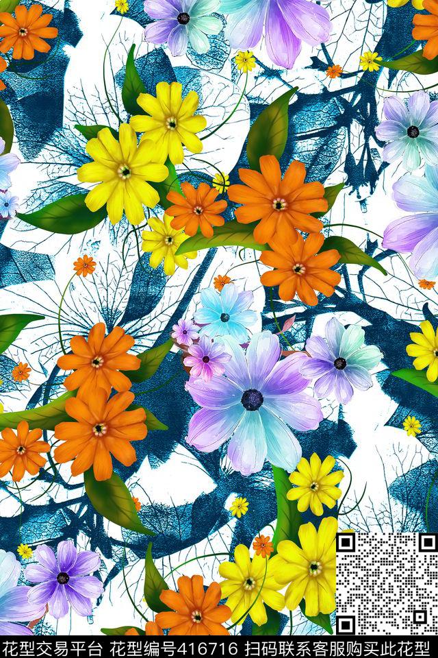 花瓣叶子抽象数码印花华亿平台下载（图片编号: 416716） - 瓦栏（Walan）