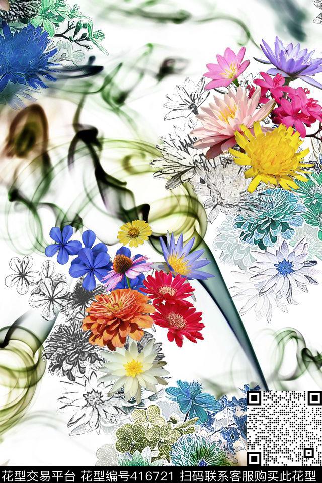 抽象花卉中国风数码印花华亿平台下载（图片编号: 416721） - 瓦栏（Walan）
