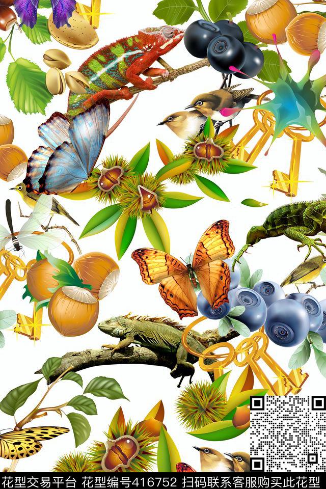 流行时尚蝴蝶蜥蜴变色龙花鸟水果流行时尚花卉数码印花华亿平台下载（图片编号: 416752） - 瓦栏（Walan）