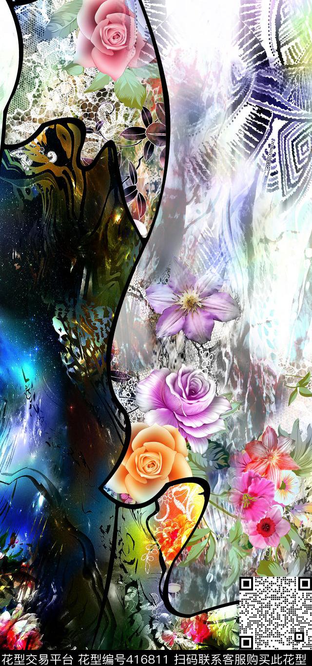 抽象花卉数码印花华亿平台下载（图片编号: 416811） - 瓦栏（Walan）