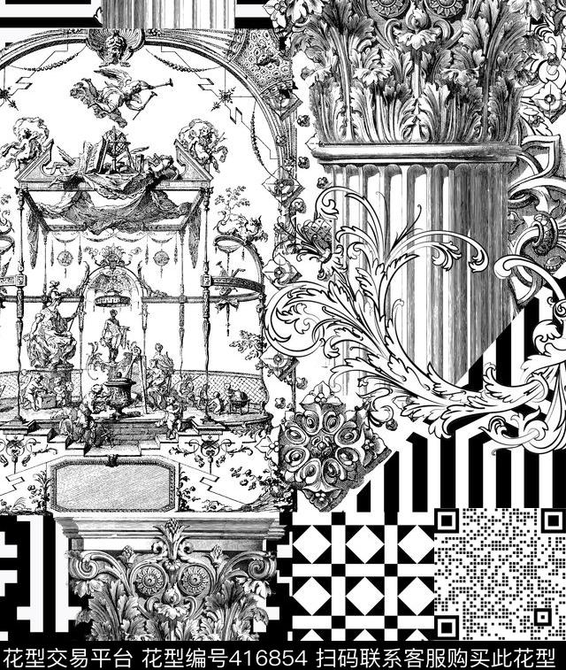 个性黑白格子建筑传统印花华亿平台下载（图片编号: 416854） - 瓦栏（Walan）